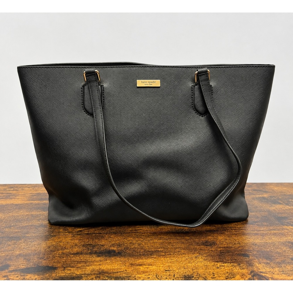 Kate Spade New York Black Saffiano Leather Large Tote Bag Zip Top Shoulder Purse - Picture 2 of 16